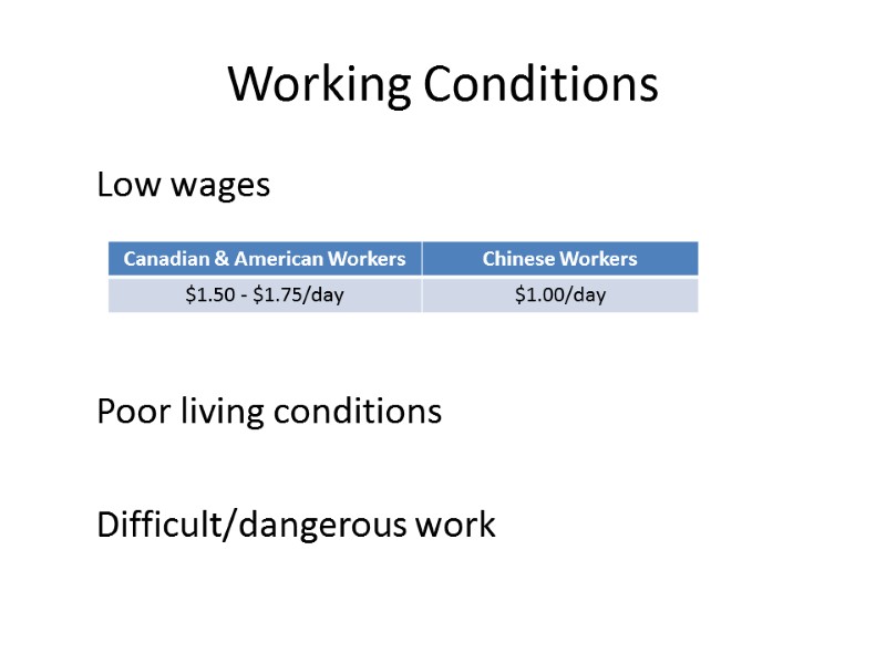 Working Conditions  Low wages    Poor living conditions  Difficult/dangerous work